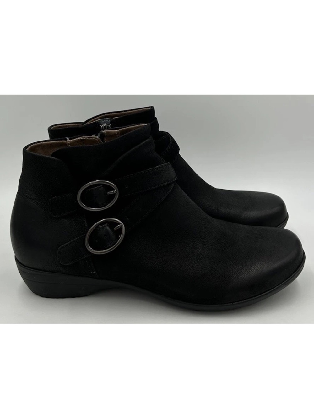 Dansko Faithe Leather Buckle Detail Block Heel Black Ankle Bootie EU 38 US 7.5-8